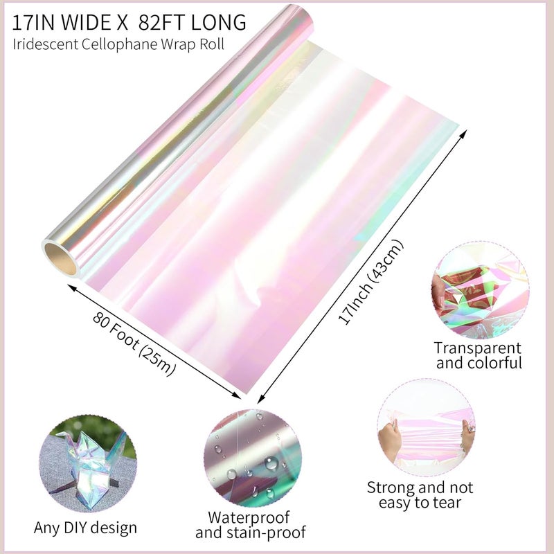 woric 82 Ft X 17 In Cellophane Wrap for Gift Baskets Valentine's Day Iridescent Cellophane Wrap Roll Gift Basket Wrapping Plastic for Gifts Basket Treats Party Favor Birthday Wedding Crafts - Image 2